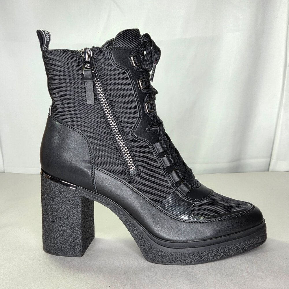 DKNY Toia Platform Heeled Combat Boots Black Side Zip Lace Up NWT